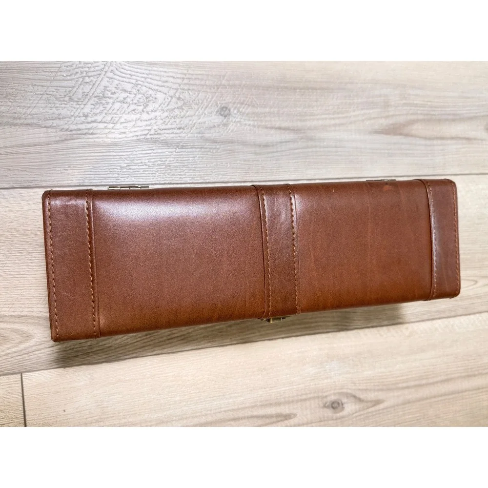Vintage Brown Faux Leather Single Bottle Wine Carrier Case Brass Latch Travel